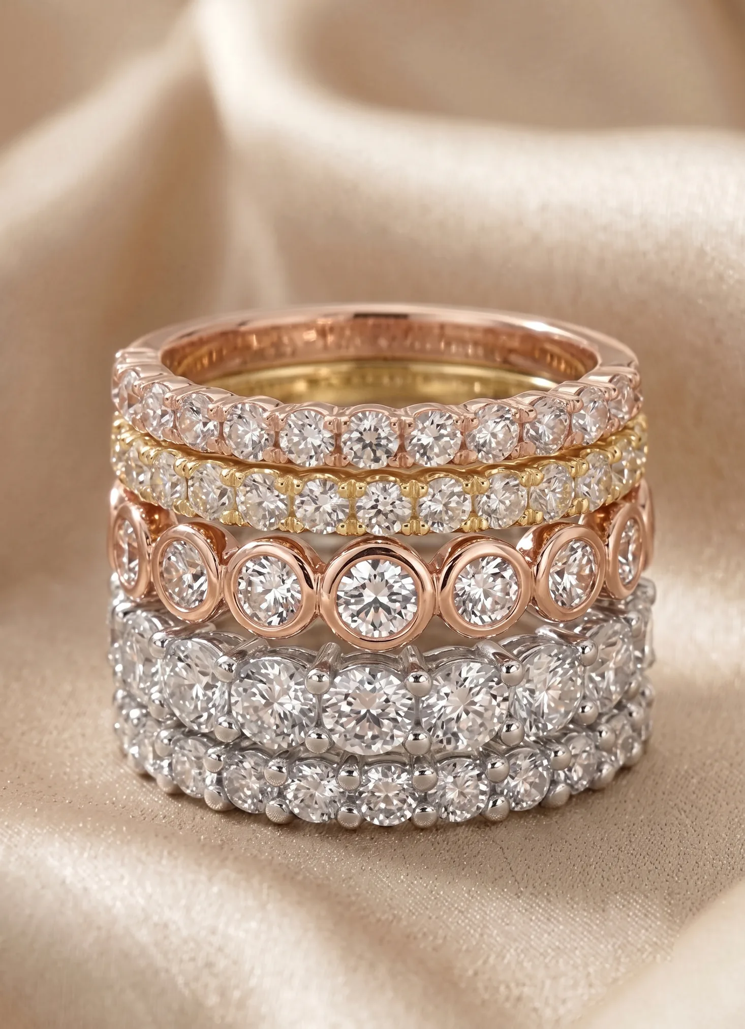 RAUSCHMAYER eternity and anniversary rings stacked in mixed golds