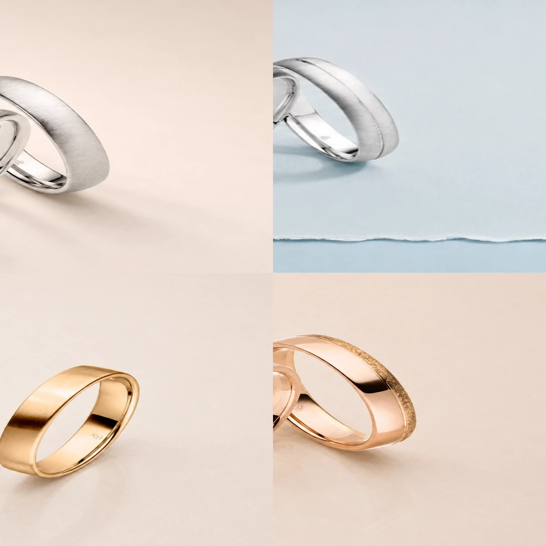 RAUSCHMAYER men's wedding rings — composite of four styles in gold, platinum and white gold
