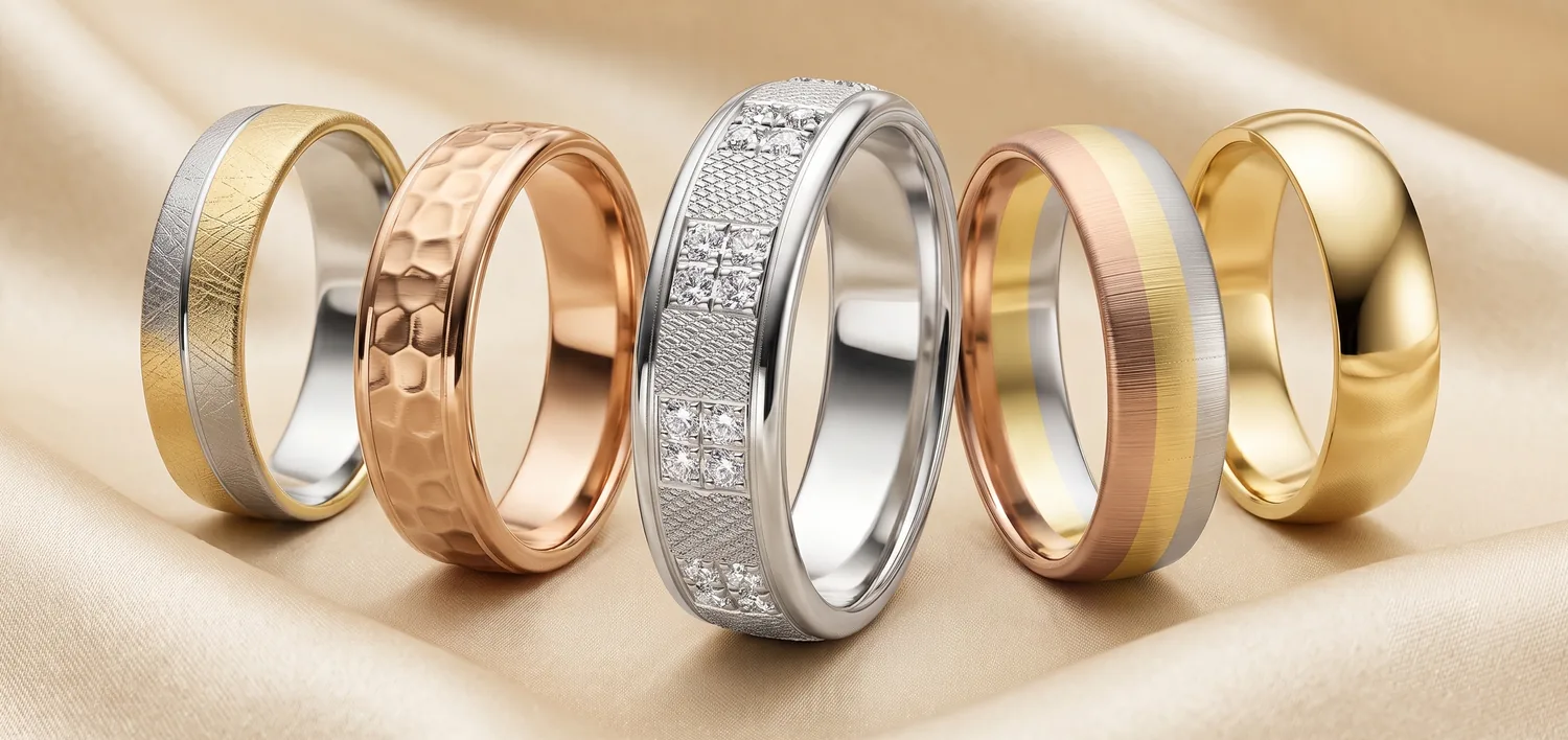 Five RAUSCHMAYER men's wedding bands in yellow, rose and white gold with diamonds