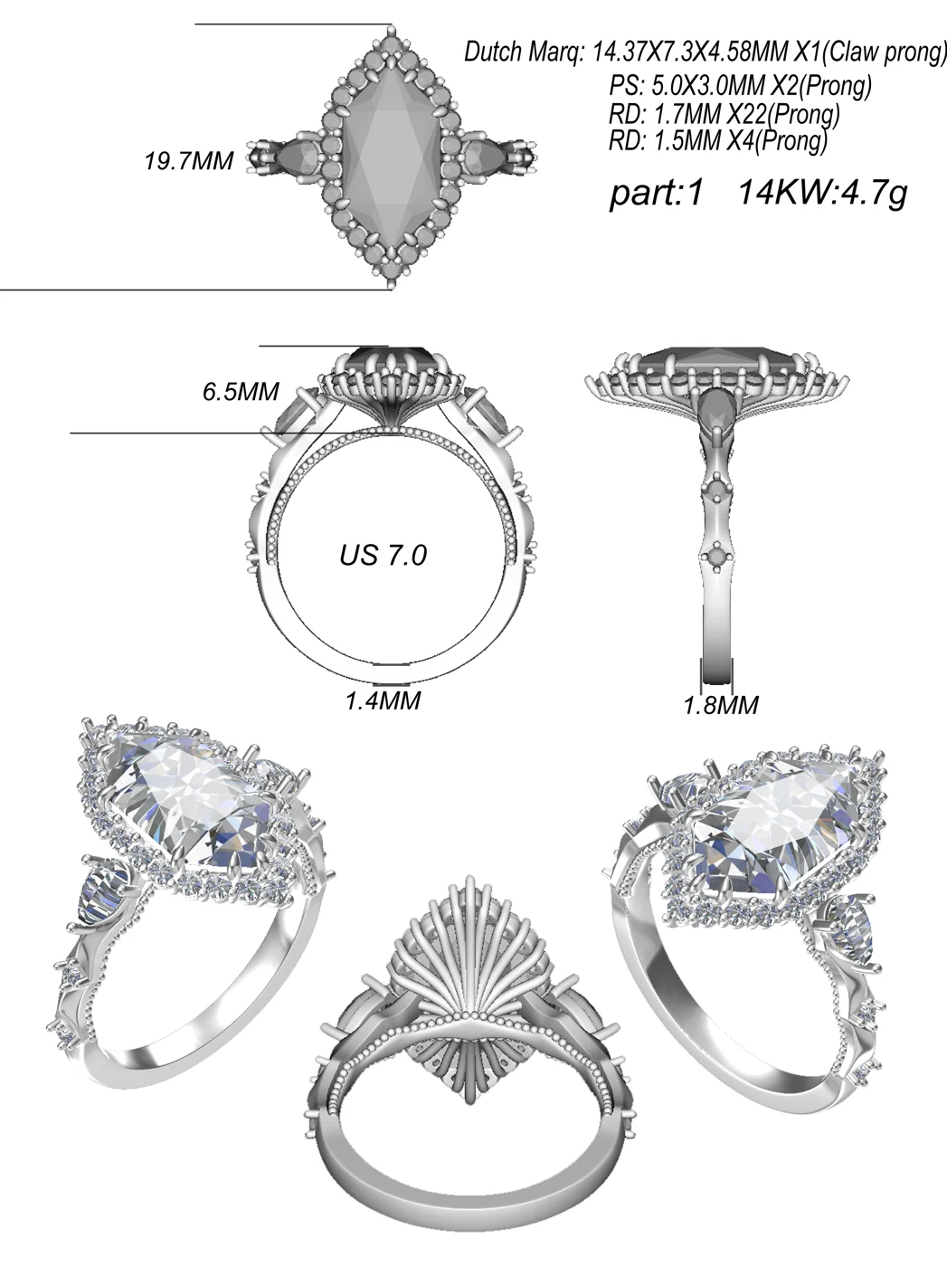 A RAUSCHMAYER technical drawing showing stone sizes, dimensions and metal weight before production