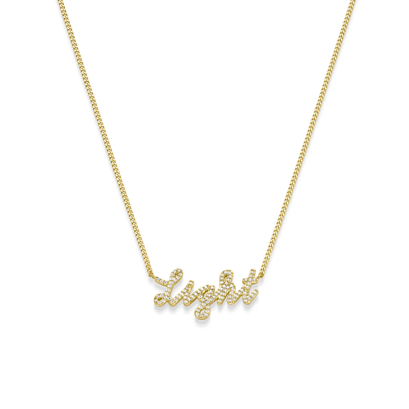 A personalised name necklace in gold script, set with diamonds