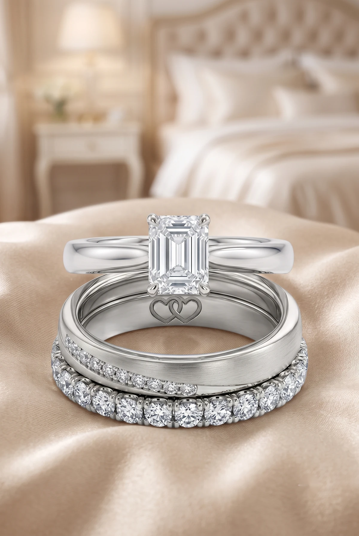 The complete RAUSCHMAYER bridal set — engagement ring, wedding band and eternity band in platinum